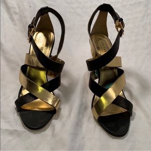 Ted Baker London black and gold leather strappy heels, size 8.5, EU 39.5